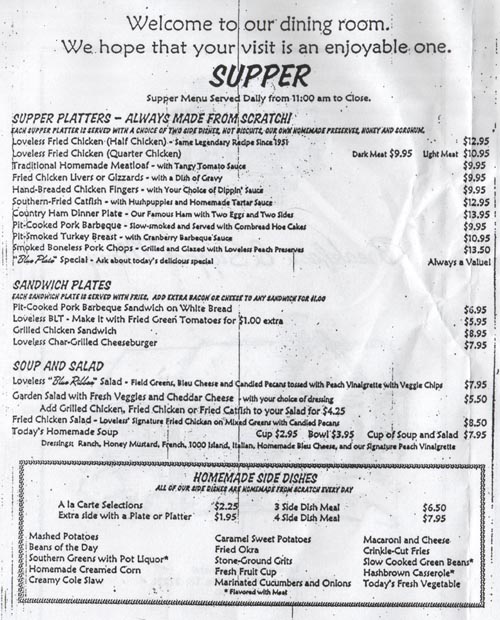 Supper Menu, Loveless Cafe, 8400 Highway 100, Nashville, Tennessee