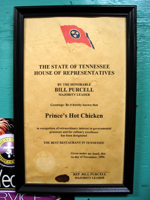House of Representatives Resolution, Prince's Hot Chicken Shack, 123 Ewing Drive, Nashville, Tennessee