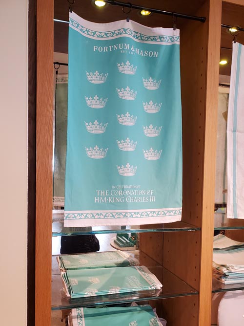 King Charles III Coronation Tea Towels, Fortnum & Mason, 181 Piccadilly, St James's, London, England, April 13, 2023