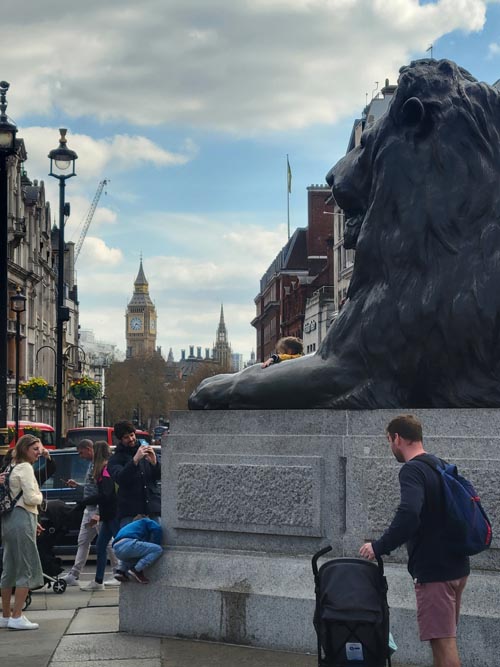 Big Ben From Nelson's Column, Bronze Lion, Trafalgar Square, Westminster, London, England, April 8, 2023