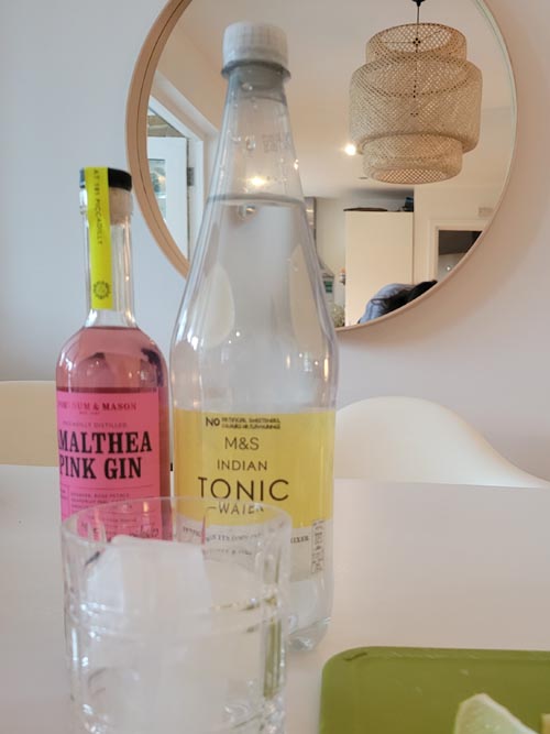 Fortnum & Mason Almathea Pink Gin and Marks & Spencer Tonic, London, England, April 14, 2023