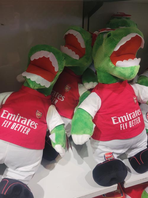 Gunnersaurus Plush Dolls, The Armoury Team Shop, Emirates Stadium, Holloway, London, England, April 10, 2023