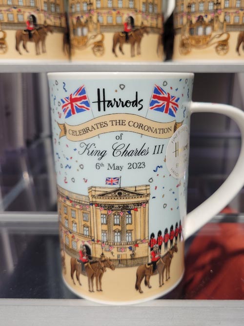 Coronation Coffee Mug, Food Hall, Harrods, Knightsbridge, London, England, April 10, 2023