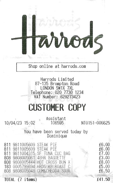Receipt, Harrods, Knightsbridge, London, England, April 10, 2023