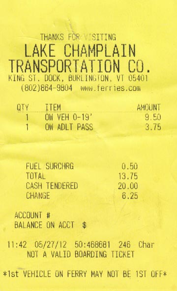Receipt, New York-Vermont Ferry, May 27, 2012