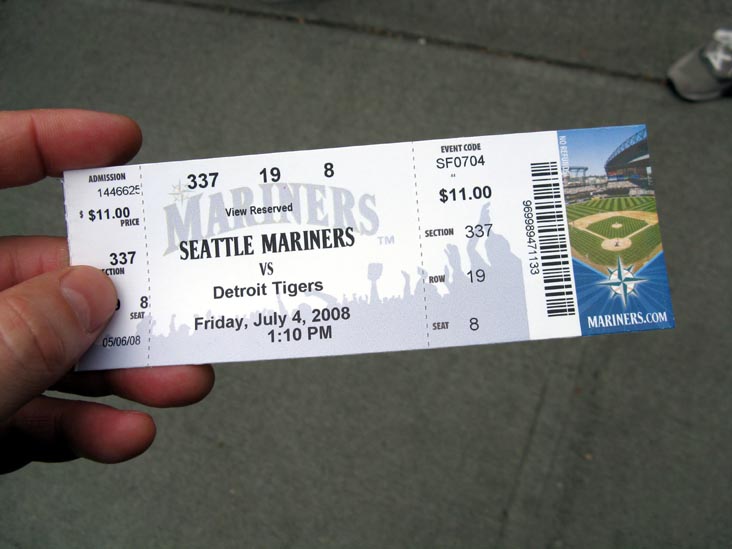Ticket, Seattle Mariners vs. Detriot Tigers, Safeco Field, Seattle, Washington, July 4, 2008