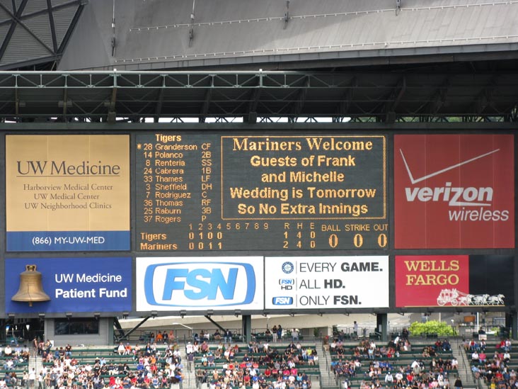 Scoreboard, Seattle Mariners vs. Detriot Tigers, Safeco Field, Seattle, Washington, July 4, 2008