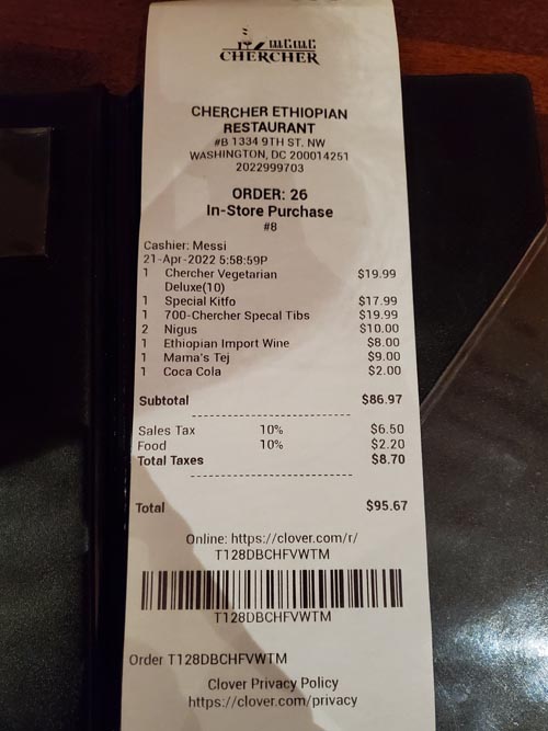 Check, Chercher Ethiopian Restaurant, Washington, D.C., April 21, 2022