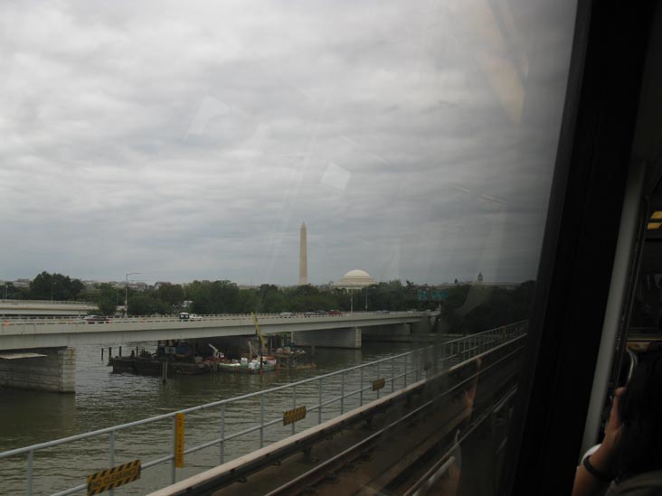Jefferson Memorial and Washington Monument From Yellow Line Train Crossing Potomac River, DC Metrorail, Washington, D.C., August 14, 2010