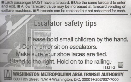 Farecard Guidelines, DC Metrorail, Washington, D.C.