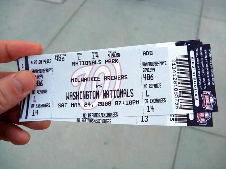 Tickets, Milwaukee Brewers vs. Washington Nationals, Nationals Park, Washington, D.C., May 24, 2008