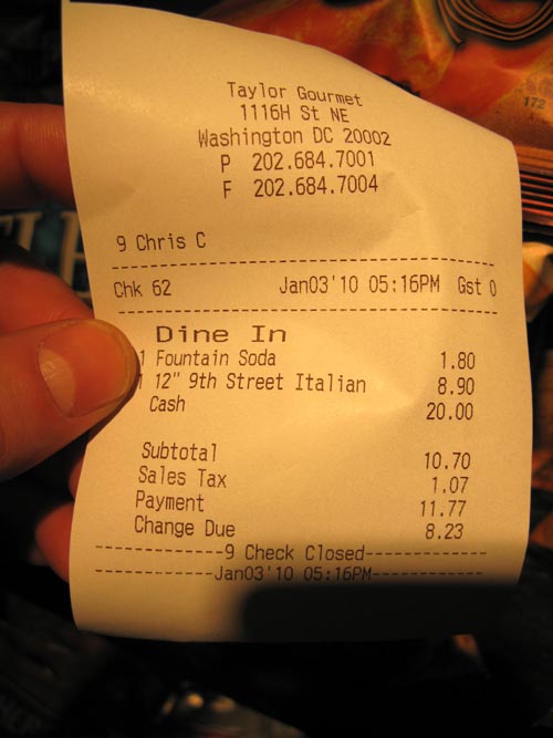 Receipt, Taylor Gourmet, 1116 H Street NE, Washington, D.C.