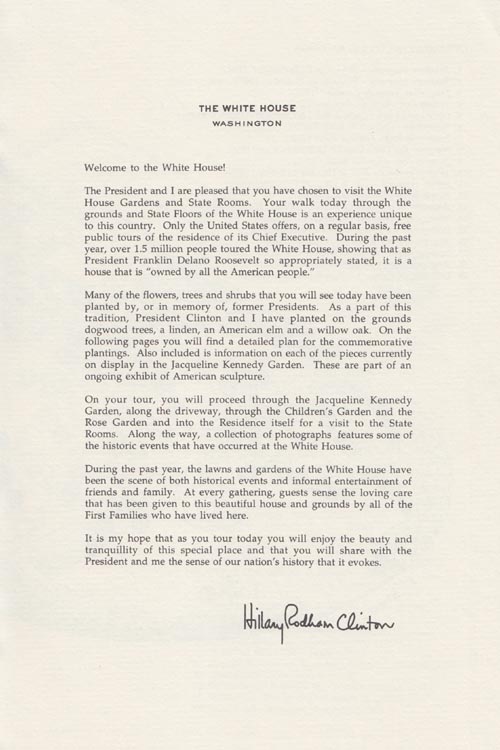 Message From First Lady Hillary Rodham Clinton, The White House Gardens and Grounds Brochure, Circa 1999 (Clinton Administration)