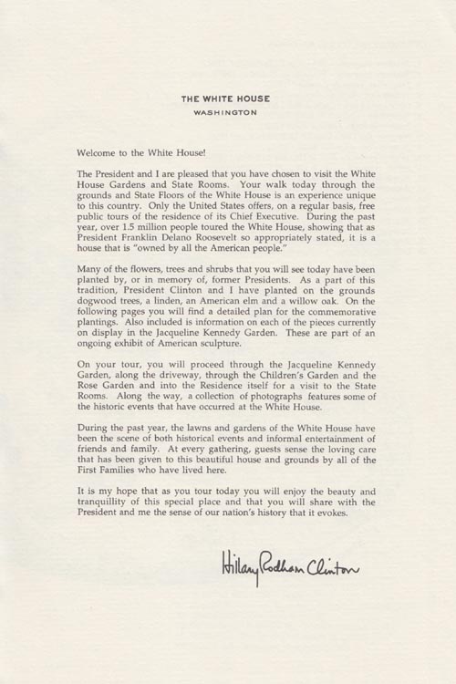 Message From First Lady Hillary Rodham Clinton, The White House Gardens and Grounds Brochure, Circa 1999 (Clinton Administration)