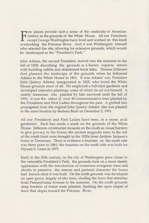 The White House Gardens and Grounds Brochure, Circa 1999 (Clinton Administration)