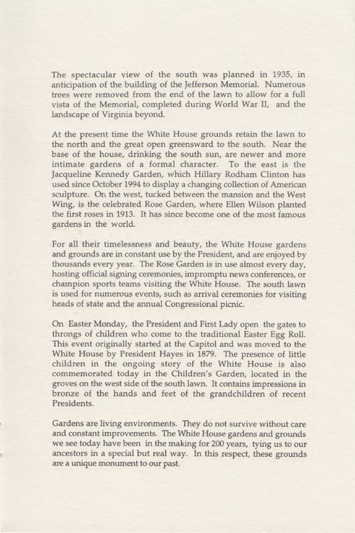The White House Gardens and Grounds Brochure, Circa 1999 (Clinton Administration)