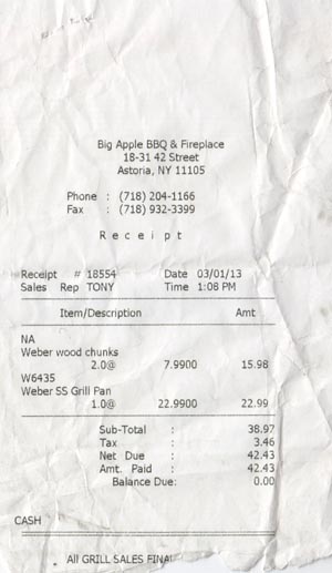 Receipt, Big Apple BBQ & Fireplace, 18-17 42nd Street, Astoria, Queens, March 1, 2013