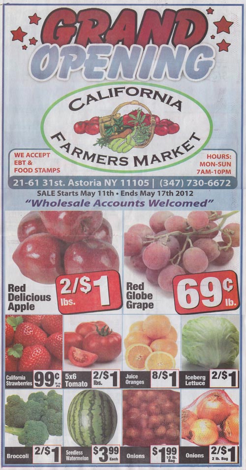 Grand Opening Circular, California Farmers Market, 21-61 31st Street, Astoria, Queens, May 2012