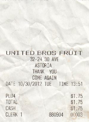 Receipt, United Brothers Fruit, 32-24 30th Avenue, Astoria, Queens, October 30, 2012