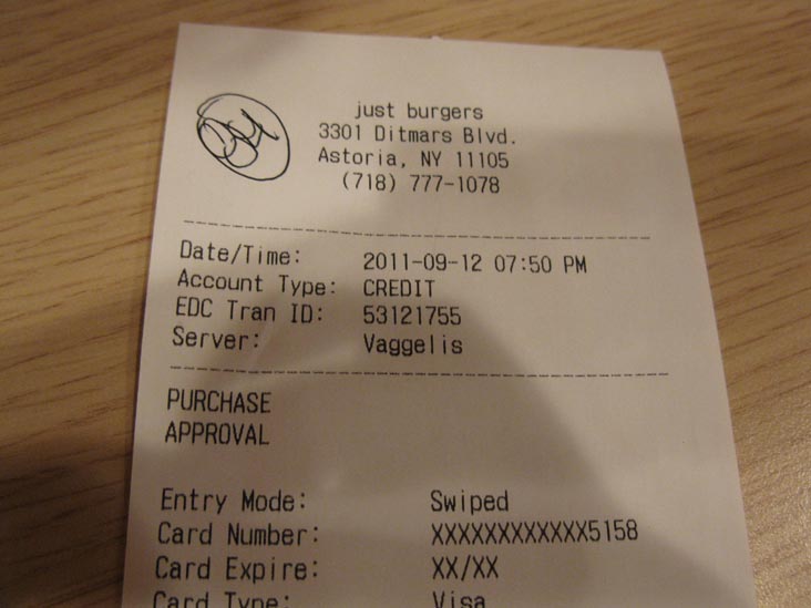 Receipt, Just Burgers, 33-01 Ditmars Boulevard, Astoria, Queens, September 12, 2011