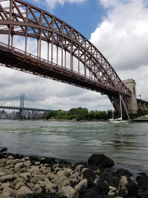 Hell Gate Bridge and Robert F. Kennedy Bridge, East River Waterfront, Astoria Park, Astoria, Queens, August 3, 2018
