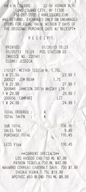 Receipt, KH&H Liquors, 32-50 Vernon Boulevard, Astoria, Queens, January 26, 2013