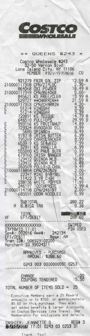 Receipt, Costco, 32-50 Vernon Boulevard, Astoria, Queens, March 10, 2015