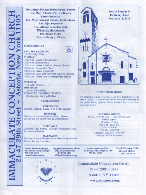 Church Bulletin, Immaculate Conception Church, 21-47 29th Street, Astoria, Queens, February 3, 2013