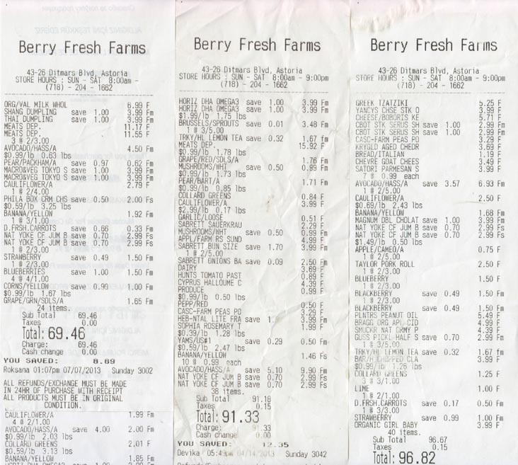 Receipts, Berry Fresh Farms, LaGuardia Center, 43-26 Ditmars Boulevard, Astoria, Queens