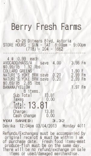 Receipt, Berry Fresh Farms, 43-26 Ditmars Boulevard, Astoria, Queens, March 4, 2013