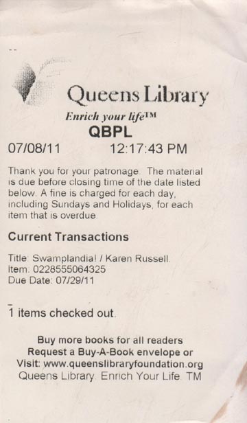 Receipt, Queens Library Steinway Branch, 21-45 31st Street, Astoria, Queens, July 8, 2011