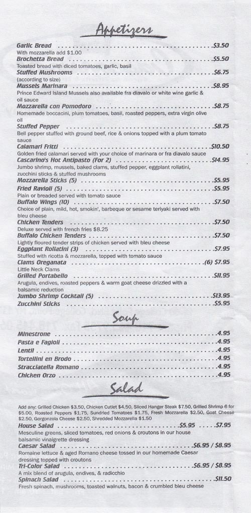 Appetizers, Soups and Salads, Cascarino's Menu, 14-60 College Point Boulevard, College Point, Queens