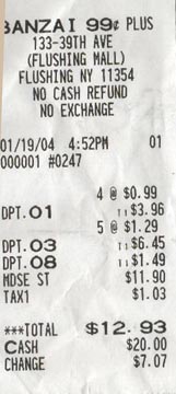 Banzai 99 Cent Plus Receipt