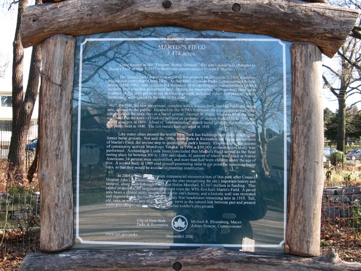 Historical Sign, Martin's Field/The Olde Towne Of Flushing Burial Ground, 46th Avenue Between 164th and 165th Streets, Flushing, Queens