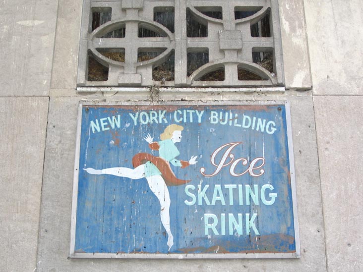 New York City Building Ice Skating Rink Sign, Exterior of Queens Museum of Art, Flushing Meadows Corona Park, Queens, September 14, 2005