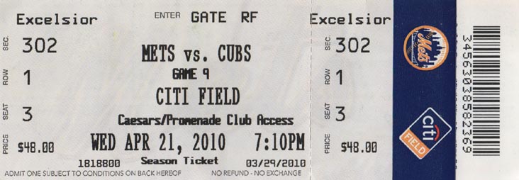 Ticket, New York Mets vs. Chicago Cubs, Section 518, Citi Field, Flushing Meadows Corona Park, Queens, April 21, 2010