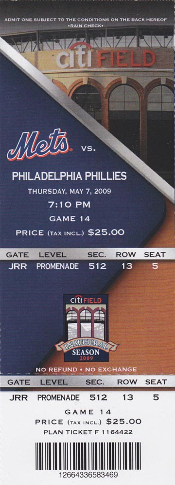 Ticket, New York Mets vs. Philadelphia Phillies, Citi Field, Flushing Meadows Corona Park, Queens, May 7, 2009