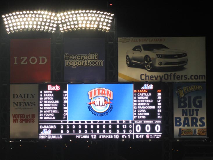 Scoreboard, New York Mets vs. Arizona Diamondbacks, Citi Field, Flushing Meadows Corona Park, Queens, August 3, 2009
