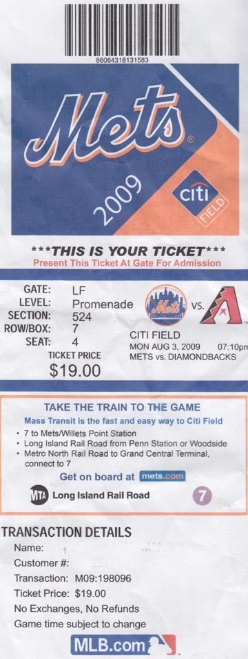 Ticket, New York Mets vs. Arizona Diamondbacks, Citi Field, Flushing Meadows Corona Park, Queens, August 3, 2009