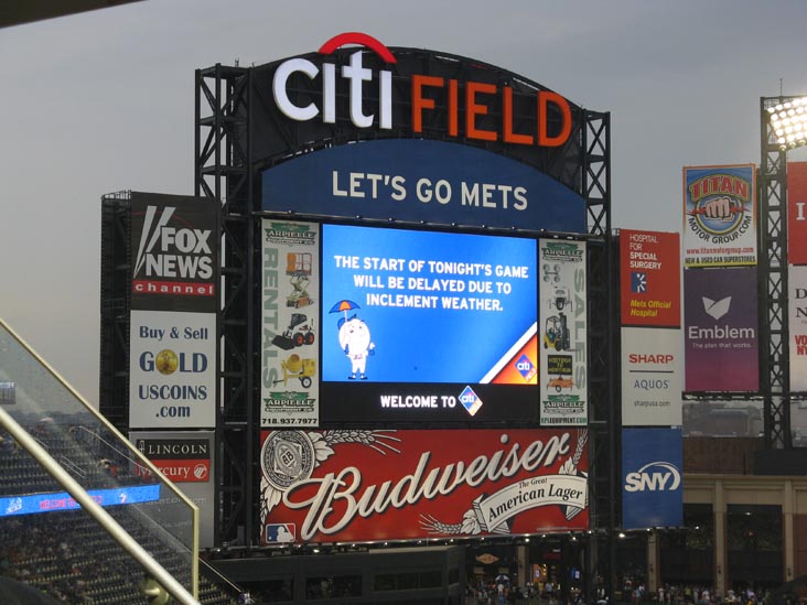 Jumbotron Inclement Weather Notice, New York Mets vs. Philadelphia Phillies, Citi Field, Flushing Meadows Corona Park, Queens, August 21, 2009