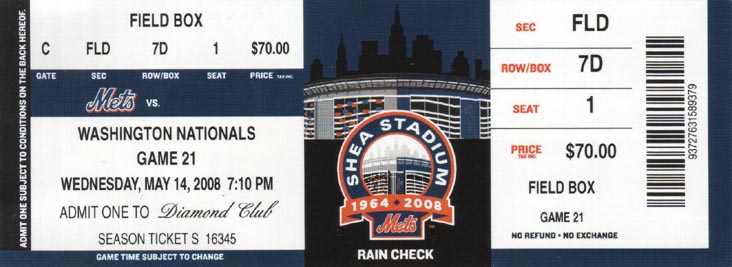 Ticket, New York Mets vs. Washington Nationals, May 14, 2008, Shea Stadium, Flushing Meadows Corona Park, Queens