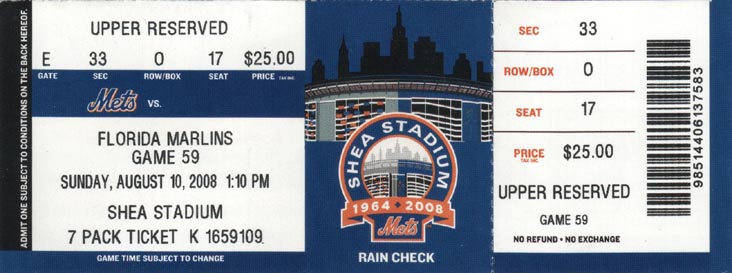 Ticket, New York Mets vs. Florida Marlins, August 10, 2008, Shea Stadium, Flushing Meadows Corona Park, Queens