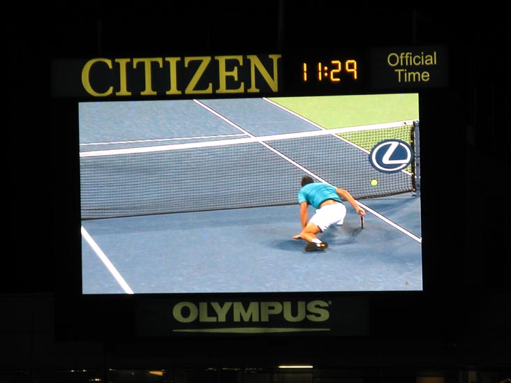 Marc Gicquel Executing Splits Manuever on Jumbotron, Andy Roddick vs. Marc Gicquel, US Open Night Session, Arthur Ashe Stadium, Flushing Meadows Corona Park, Queens, September 3, 2009