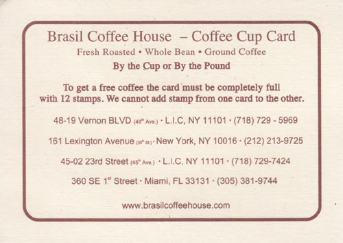 Brasil Coffee House Coffee Club Card