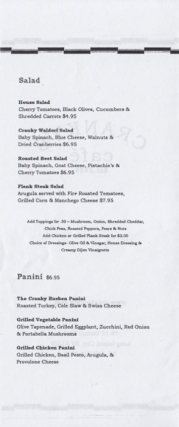 Cranky's Cafe Menu