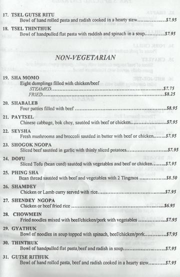Tibetan Yak Non-Vegetarian Entrees