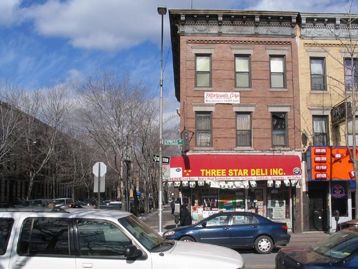 Three Star Deli, Cypress Avenue and Putnam Avenue, NE Corner, Ridgewood, Queens