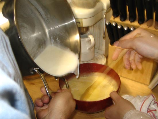 Cream Puffs: Mixing Milk and Sugar-Yolk Mixture