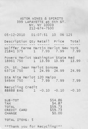 Receipt, Merlot Tasting: May 12, 2010
