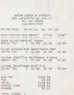 Receipt, Syrah Tasting: June 9, 2010